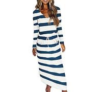 YAOTT Robe À Manches Longues Et Col en V pour Femme - Imprimé Rayé - Décontractée - avec Poches - Robe De Plage avec Cordon De Serrage Taille Haute - Jupe Longue À La Cheville,Bleu2,XXL