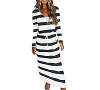 YAOTT Robe À Manches Longues Et Col en V pour Femme - Imprimé Rayé - Décontractée - avec Poches - Robe De Plage avec Cordon De Serrage Taille Haute - Jupe Longue À La Cheville,Noir,L