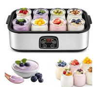 Yaourtière 1400 ml avec 8 pots en verre, machine à yaourt en acier inoxydable avec affichage LED, contrôle du temps et de la température réglables, pour dessert bio fait maison