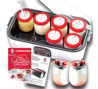 Yaourtière Inox Améliorée Compacte. 84 Recettes et Notice française. Couvercle hermétique avec Etiquette et Marqueur Inclus. 8 pots x 180ml en Verre sans BPA. Ecran LCD. Minuterie et Arrêt Automatique