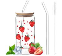 YAOYYG Verre Avec Paille, Élégant Verre de 16 oz, Avec Une Paille en et un Couvercle, Belle Tasse à Motif Fraise, Canette, Polyvalent pour Le Café, Les Cocktails et Plus Encore