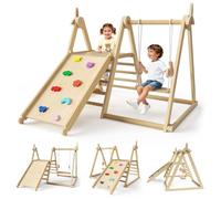 Yapasopu Montessori - Cage d'escalade d'intérieur 5 en 1 - Pliable - En bois - Balançoire - Toboggan - Échelle d'escalade - Planche d'escalade et roue à vent - Triangle d'escalade - Aire de jeux de 1