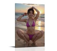 YAPING Fille en rouge Bikini Squatting on The Beach Bedroom 20 x 30 cm