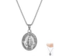YAPKOLV Virgin Mary Necklace - Silver - Miracle Medal Pendant - Women's | Catholic religious protection amulet | Copper chain fashionable accessory | Gift idea