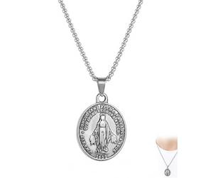 YAPKOLV Virgin Mary Necklace - Silver - Miracle Medal Pendant - Women's | Catholic religious protection amulet | Copper chain fashionable accessory | Gift idea