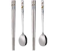 YAPULLYA Lot de 3 cuillères à soupe coréennes à long manche, en acier inoxydable 18/8, multicolores, gravure au laser, baguettes et cuillères en métal réutilisables (style SX)