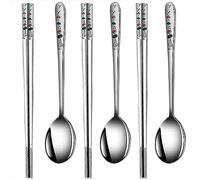 YAPULLYA Lot de 3 cuillères à soupe coréennes à long manche et baguettes, en acier inoxydable 18/8 multicolore, gravure au laser, baguettes et cuillères réutilisables en métal (lotus)