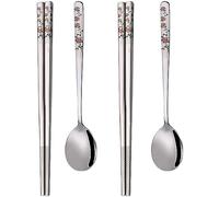 YAPULLYA Lot de 3 cuillères et baguettes coréennes avec manche long en acier inoxydable 18/8 multicolore avec gravure laser et cuillère, baguettes et cuillère réutilisables en métal, lot de 3 (style