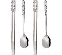 YAPULLYA Lot de 3 cuillères et baguettes coréennes avec manche long en acier inoxydable 18/8 multicolore avec gravure laser et cuillère, ensemble de baguettes et cuillère réutilisables en métal, lot