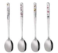 YAPULLYA Lot de 4 cuillères à soupe coréennes en acier inoxydable 18/8 à long manche de 20,3 cm, cuillères à soupe asiatiques en métal (fleurs)