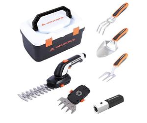 Yard Force VITA Kit d'outils de jardin 6 pièces avec mallette I Cisaille à gazon électrique avec batterie 4 Ah et chargeur I Outils de jardin de qualité supérieure pour petits jardins et balcons