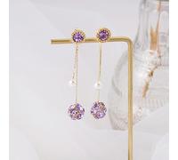 Yardenfun Boucles D’Oreilles en Perles Violettes Pompon Tassel Tiges en Argenté 925 Serties de Diamants Pendentifs Ronds Doubles Accessoire Décoratif Femme Présent Fête et Voyage