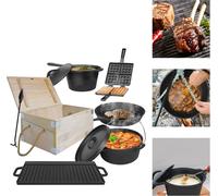YARDIN 12-pièces Dutch Oven Set dans une caisse en bois, BBQ Dutschofenentopf Set avec accessoires pour grillades incl. marmite en fonte cuite au four 3,6L, plaque de gril, poêle à frire, casserole à