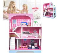 YARDIN Maison de poupées en bois, 3 étages Dollhouse Maisons de poupées Maison de Barbie, Maison de poupées à partir de 2 ans pour enfants, filles, cadeau, anniversaire 70×30×70cm