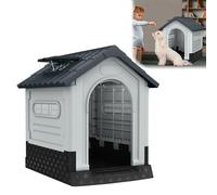 YARDIN Niche pour chien, en plastique, avec fond surélevé, fenêtre de toit et ventilation, 65 x 56,5 x 67 cm, imperméable et isolée, en plastique, pour l'intérieur et l'extérieur, gris et blanc
