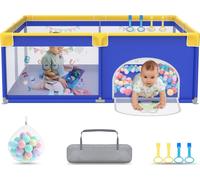 YARDIN Parc pour b?b ? 150x180cmParc pour b?b ? avec 50 balles Ocean & 4 anneaux de traction & sac de transport, Tente de parc pliable avec filet respirant pour enfants, Bleu avec motifs d'animaux