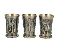 Yardwe Lot de 3 Verres à Shot Vintage en Alliage de Zinc Doré, Bouche Lisse et Ronde, Design Égyptien Unique, pour Bars et Restaurants