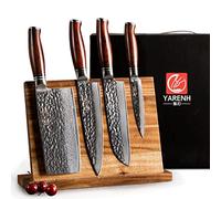 YARENH 5 Pièces Set Couteau Cuisine, Acier Damas 73 Couches Avec Poignée en Bois, Ensemble de Couteaux Professionnel Avec Bloc en Bois - Série HTT