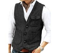 Yarizm Gilet décontracté pour homme en tweed à chevrons - Col en V - Style rétro - Pour mariage, voyage, travail, noir, 5X-Large