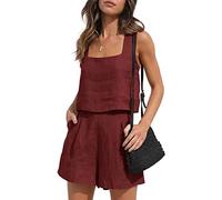 YARKIM Ensemble de 2 pièces pour femmes - Ensemble de 2 pièces - En lin - Courts - Crop Tops 2023 - Tendance - Vêtements d'été de vacances - Rouge - Taille S