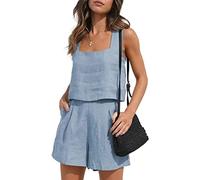 YARKIM Ensemble de 2 pièces pour femmes - Ensemble de 2 pièces - En lin - Courts - Crop Tops 2023 - Tendance - Vacations d'été - Bleu clair - Taille S