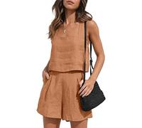 YARKIM Womens 2 Piece Outfits Lounge Matching Sets Two Piece Linen Shorts Crop Tops 2023 Trendy Clothes Summer Vacation Set(Brown,Medium)
