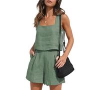 YARKIM Womens 2 Piece Outfits Lounge Matching Sets Two Piece Linen Shorts Crop Tops 2023 Trendy Clothes Summer Vacation Set(Bean Green,X-Large)