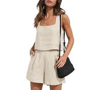 YARKIM Womens 2 Piece Outfits Lounge Matching Sets Two Piece Linen Shorts Crop Tops 2023 Trendy Clothes Summer Vacation Set(Apricot,X-Large)
