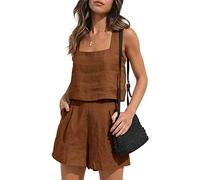 YARKIM Womens 2 Piece Outfits Lounge Matching Sets Two Piece Linen Shorts Crop Tops 2023 Trendy Clothes Summer Vacation Set(Dark Brown,Medium)