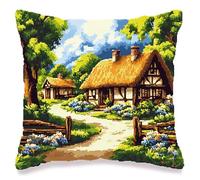 YarnAdventures 11CT Kit point de croix estampé,paysage de cabane en forêt,Kit de coussin au point de croix pour décoration créative de la maison,18x18in Broderie Coussin