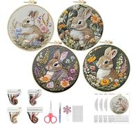 YarnAdventures 4 Pieces Kit de Démarrage de Broderie,Fleurs et lapins,DIY Embroidery Kit de Point Aiguille pour Débutants Adultes avec Aiguilles,Fils,Tissu,Cerceau et Instructions