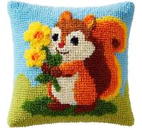 YarnAdventures animal Coussin Point de Croix Kit Coussin au Point Noué,Écureuil tenant une fleur,Kit avec Crochet à Loquet for Adultes,Bricolage Coffret cadeau créatif,43x43cm