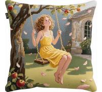 YarnAdventures Broderie Coussin Point De Croix Kit,Fille se balançant sur la balançoire dans le jardin,Kit Point De Croix Diy Loisir Créatif Pour Adulte,Cadeau De Décoration Intérieure,18x18in