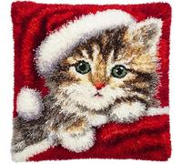 YarnAdventures chat mignon Kit Crochet de Verrouillage Tapis DIY Broderie,Chaton portant un chapeau de Père Noël,Taie d'oreiller Coussins Tapis Kits,Crochet pour Enfants Adultes Débutants,43x43cm