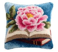 YarnAdventures Coussin Point de Croix Kit Coussin au Point Noué,Des fleurs sur des livres,Kit avec Crochet à Loquet for Adultes,Bricolage Coffret cadeau créatif,43x43cm