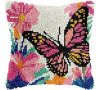YarnAdventures Coussin Point de Croix Kit Coussin au Point Noué,Fleurs et papillons,Kit de Coussin avec Crochet à Loquet for Adultes,Bricolage Coffret cadeau créatif,43x43cm