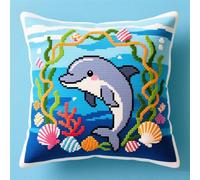 YarnAdventures DIY Coussin Point de Croix,animaux marins dauphins,Broderie Housse De Coussin Point pour Adulte,45x45cm Kit Complet Point De Croix