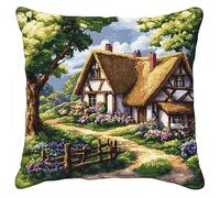 YarnAdventures DIY Kit Coussin Point De Croix,paysage de cabane en forêt,Kit de coussin au point de croix estampé pour décoration créative de la maison,18x18in