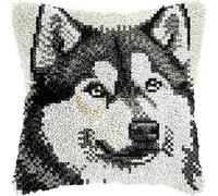 YarnAdventures Kit de Coussin avec Crochet à Loquet,Chien husky,Kit de Coussin avec Crochet à Loquet for Adultes Débutants,Bricolage Cadeaux faits à la main,43x43cm