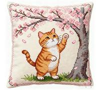 YarnAdventures Kit Point de Croix Imprimé Débutant,Chat sous le cerisier,DIY Ensemble de Broderie pour Adultes,11CT Coussin Point de Croix Taie d'oreiller,45x45cm