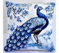 YarnAdventures Kit Point de Croix Imprimé Débutant,Magnifique paon fleuri,DIY Ensemble de Broderie pour Adultes,11CT Coussin Point de Croix Taie d'oreiller,45x45cm