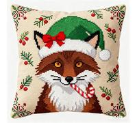 YarnAdventures Kit Point de Croix Imprimé Débutant,Renard portant un chapeau de Père Noël,DIY Ensemble de Broderie pour Adultes,11CT Coussin Point de Croix Taie d'oreiller,45x45cm