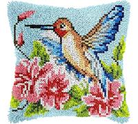 YarnAdventures Latch Hook Cushion Kits for Adults,Colibri et fleurs,Latch Hook Pillow Case Kits Handmade Kids Parents Gift,17x17in