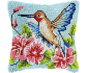 YarnAdventures Latch Hook Cushion Kits for Adults,Colibri et fleurs,Latch Hook Pillow Case Kits Handmade Kids Parents Gift,17x17in