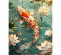 YarnAdventures Peinture par Numéros débutants,Poisson koï dans un étang de lotus,Peinture Numero sur Toile,Kit de Peinture à l'huile sur Toile Bricolage avec pinceaux,40x50cm sans cadre