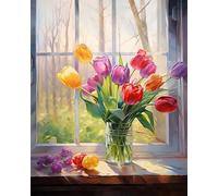 YarnAdventures Peinture par Numéros débutants,Vase de tulipes sur le rebord de la fenêtre,Peinture Numero sur Toile,Kit de Peinture à l'huile sur Toile Bricolage avec pinceaux,40x50cm sans cadre