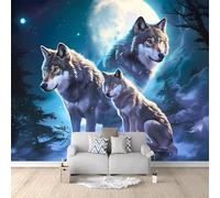 YarnAdventures Personnaliser papiers muraux Murale Paysage forestier au clair de lune avec trois animaux loups,3D Papier peint Pour Chambre Adultes Salon,Canapé Décoration de fond,200x140cm