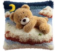 YarnAdventures Style de dessin animé Kits de crochets à loquet DIY Broderie,Petit ours couché sur le nuage,Kit Tapis Point Noué à Faire pour Adultes,Latch Hook Canevas Coussin Point de Croix,43x43cm