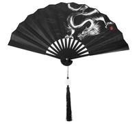 YARNOW Éventail Pliable Chinois Noir Motif Dragon, Accessoire de Fan pour Soirée Dansante, Ventilateur en Plastique et Tissu Soie, Décoration Vintage Élégante