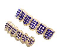 YARNOW Grills Dentaires Hip-hop Plaqués Or Ornés de Cristaux Bleus, 6 Dents Fausses Canines Vampire Unisexe, Accessoire Cosplay Halloween pour Hommes et Femmes
